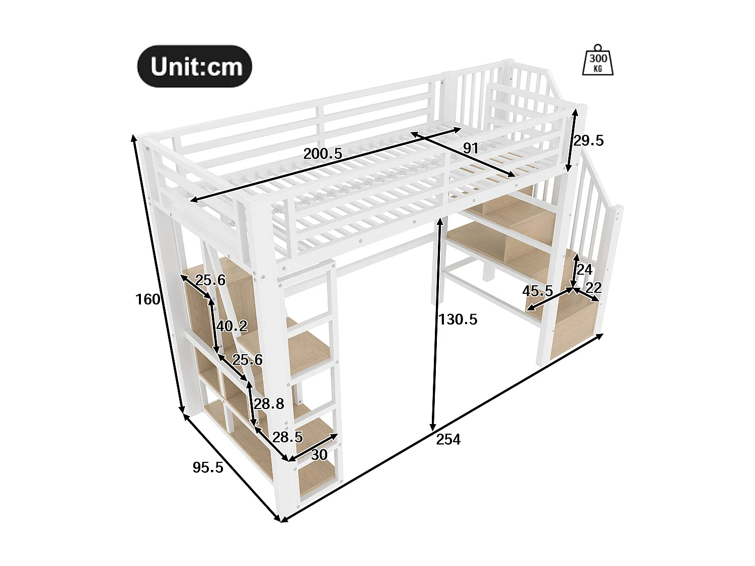 Cama mezanino em ferro forjado 90x200 cm - Compartimentos de armazenamento - Grades de segurança + escada - iluminação LED - ​​Branco​​ (colchão não incluído)