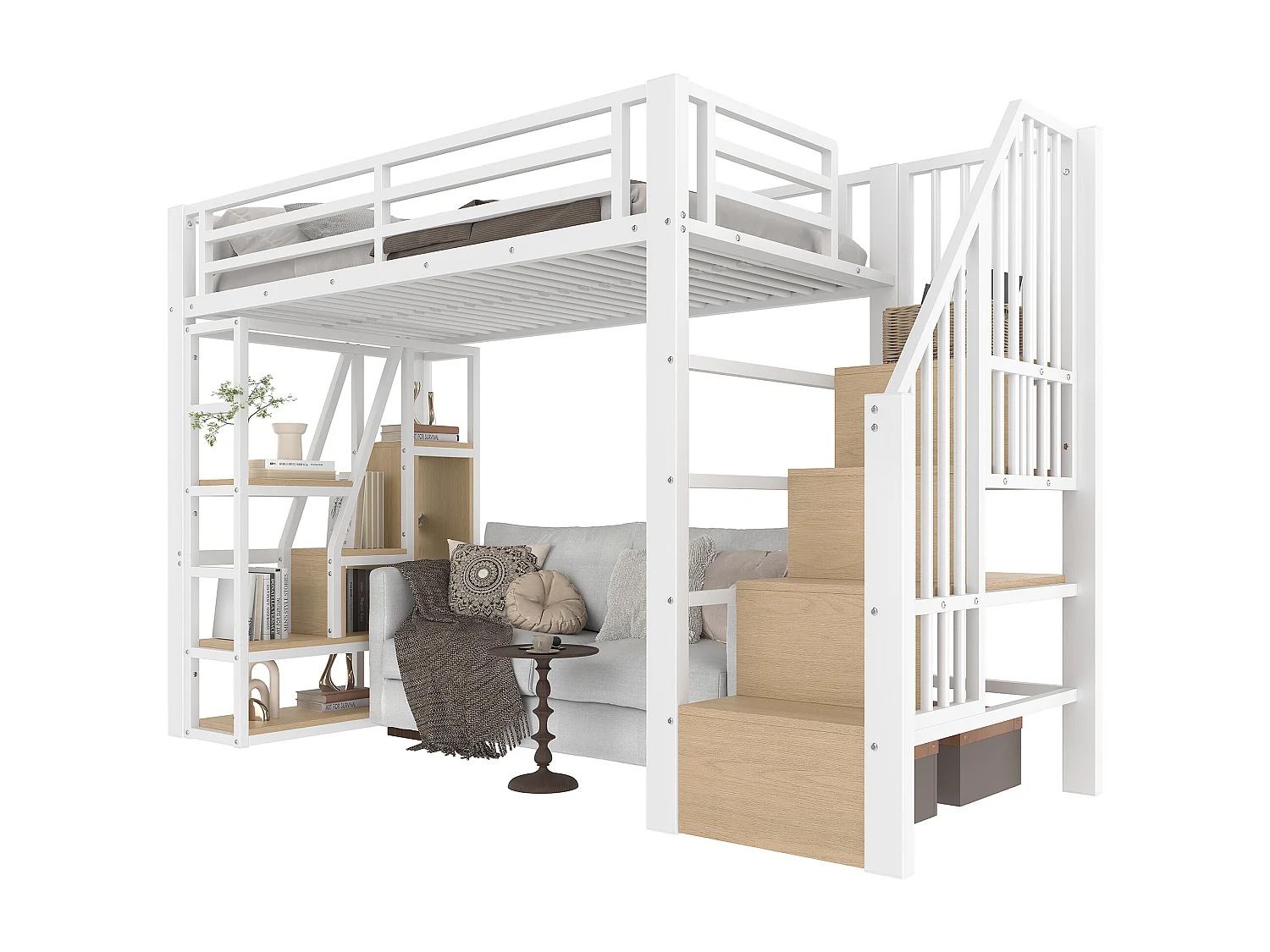 Cama mezanino em ferro forjado 90x200 cm - Compartimentos de armazenamento - Grades de segurança + escada - iluminação LED - ​​Branco​​ (colchão não incluído)