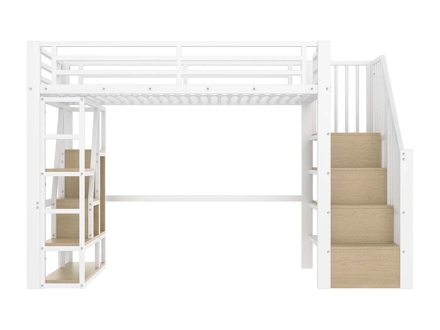 Cama mezanino em ferro forjado 90x200 cm - Compartimentos de armazenamento - Grades de segurança + escada - iluminação LED - ​​Branco​​ (colchão não incluído)