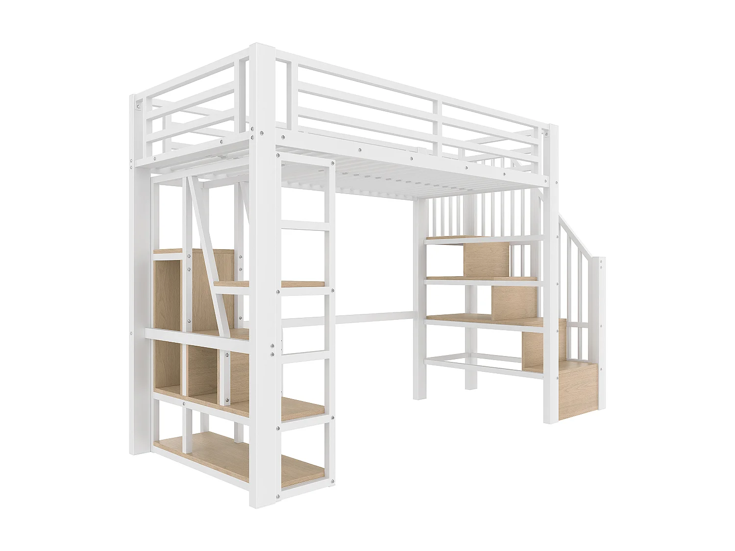 Cama mezanino em ferro forjado 90x200 cm - Compartimentos de armazenamento - Grades de segurança + escada - iluminação LED - ​​Branco​​ (colchão não incluído)