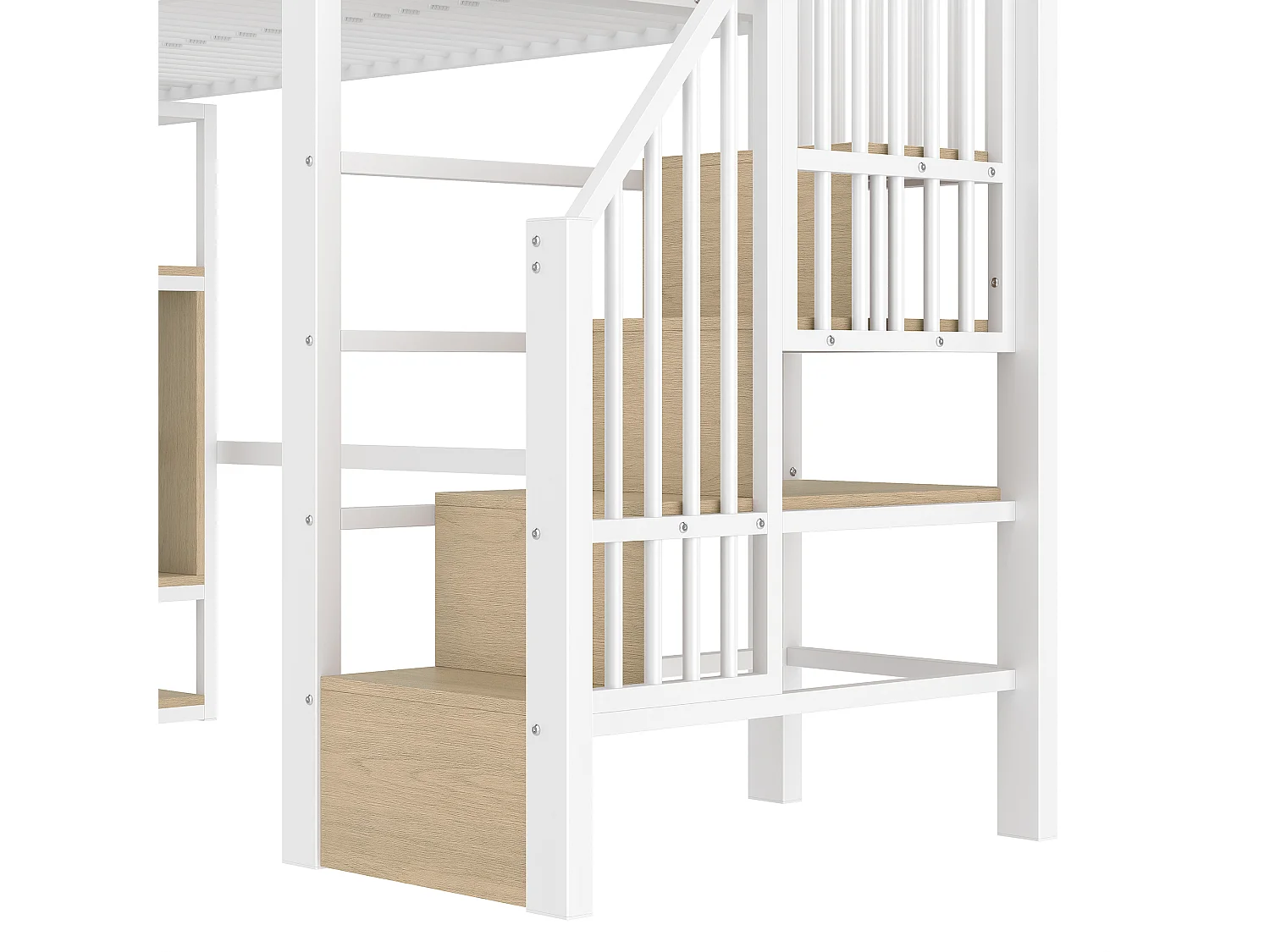 Cama mezanino em ferro forjado 90x200 cm - Compartimentos de armazenamento - Grades de segurança + escada - iluminação LED - ​​Branco​​ (colchão não incluído)