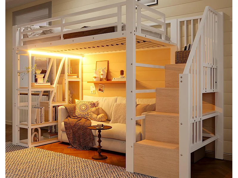 Cama mezanino em ferro forjado 90x200 cm - Compartimentos de armazenamento - Grades de segurança + escada - iluminação LED - ​​Branco​​ (colchão não incluído)