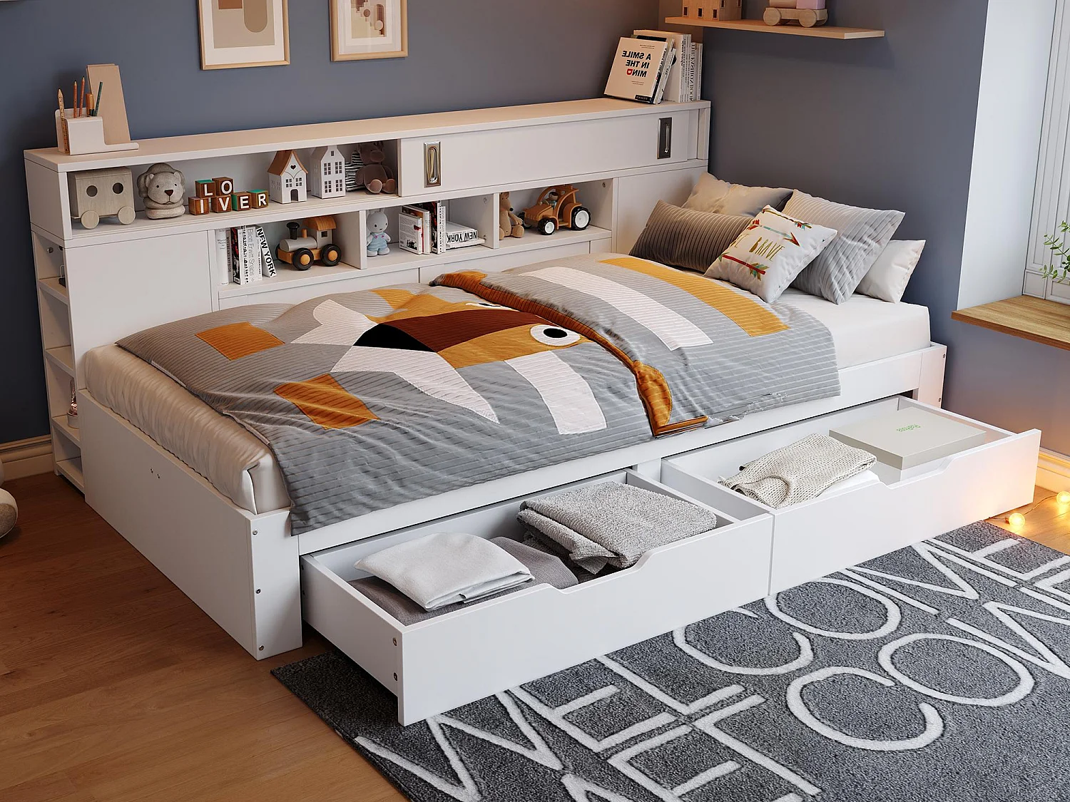 Lit enfant 135x190 cm - avec 2 tiroirs - Étagères latérales réglables - MDF - Blanc (sans matelas)