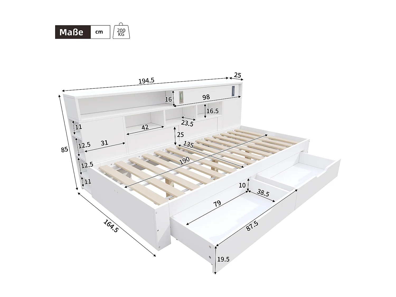 Lit enfant 135x190 cm - avec 2 tiroirs - Étagères latérales réglables - MDF - Blanc (sans matelas)
