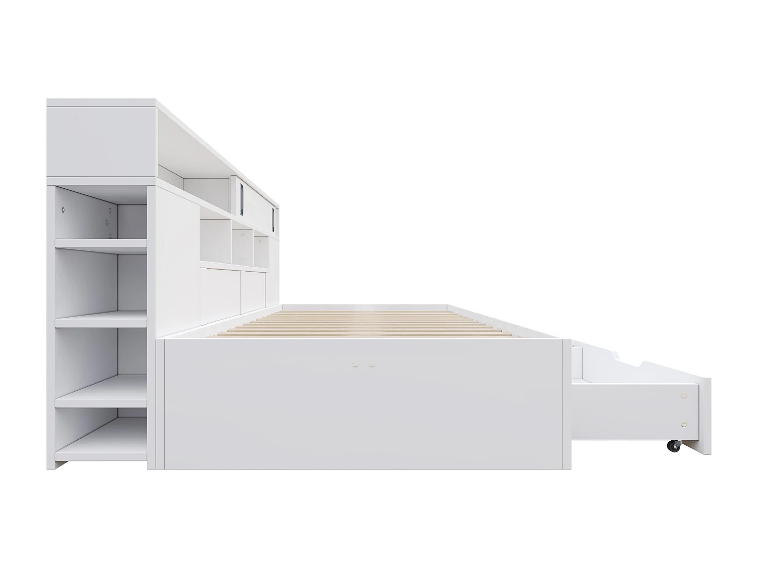 Lit enfant 135x190 cm - avec 2 tiroirs - Étagères latérales réglables - MDF - Blanc (sans matelas)