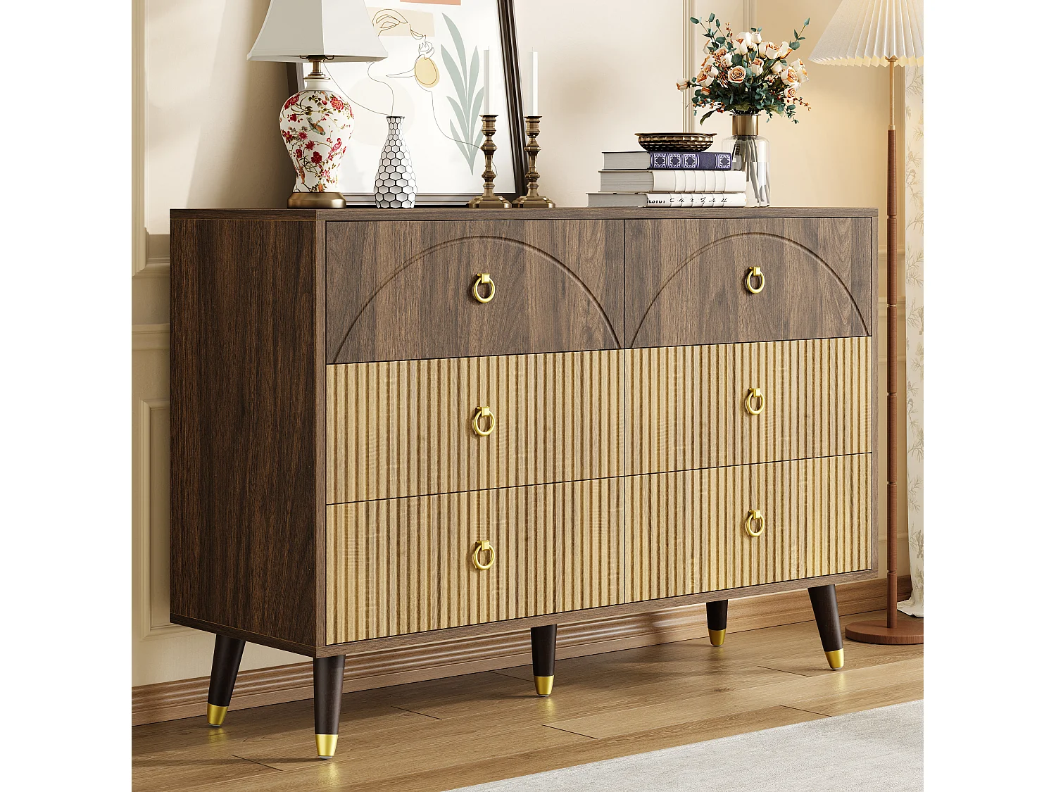 Buffet moderne 120x40x81 cm - 6 tiroirs - Pieds en bois massif - Finition bicolore veinée - MDF - Naturel