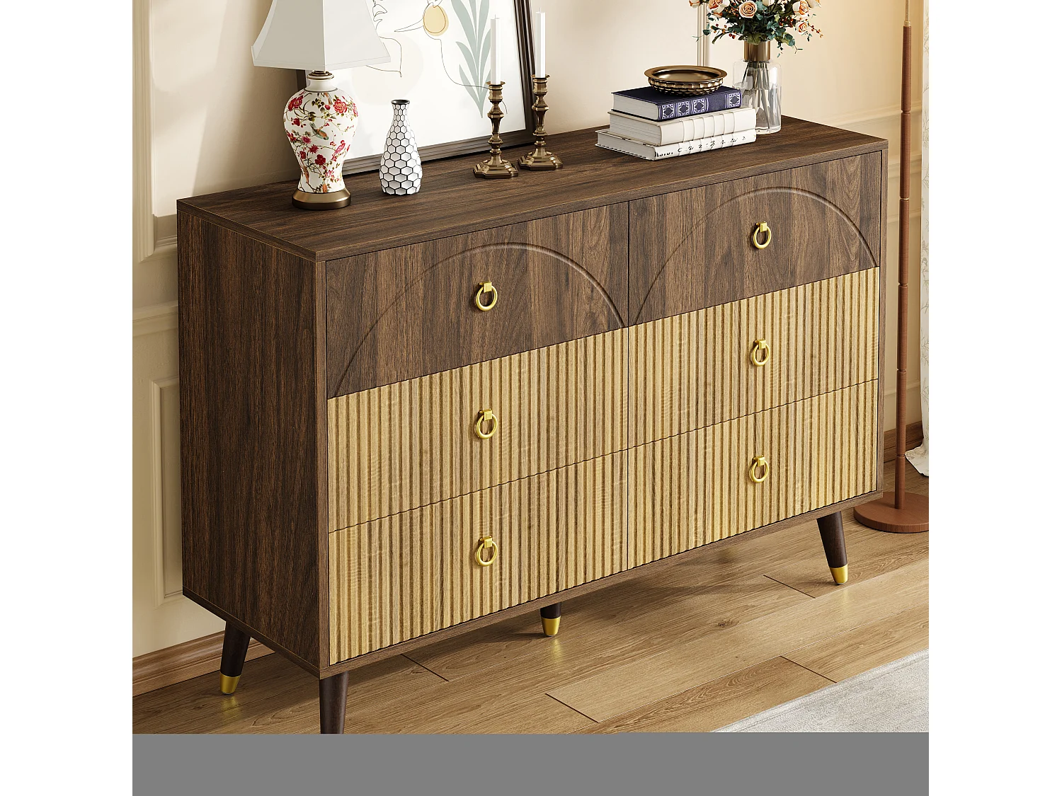 Buffet moderne 120x40x81 cm - 6 tiroirs - Pieds en bois massif - Finition bicolore veinée - MDF - Naturel