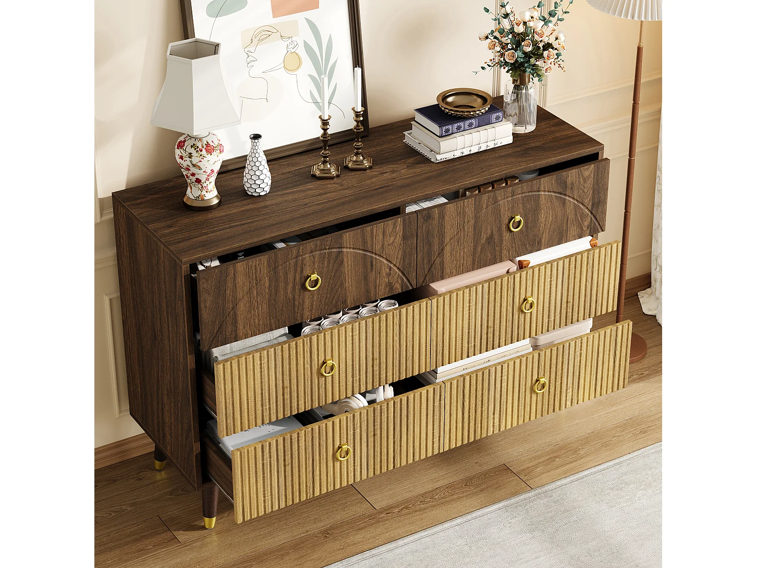 Buffet moderne 120x40x81 cm - 6 tiroirs - Pieds en bois massif - Finition bicolore veinée - MDF - Naturel