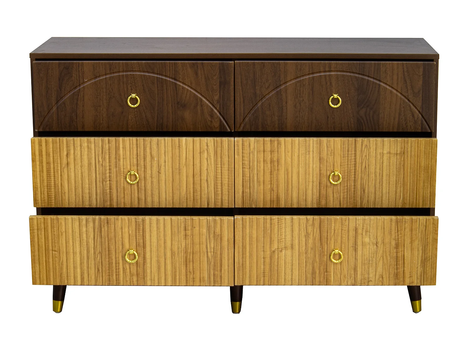 Buffet moderne 120x40x81 cm - 6 tiroirs - Pieds en bois massif - Finition bicolore veinée - MDF - Naturel