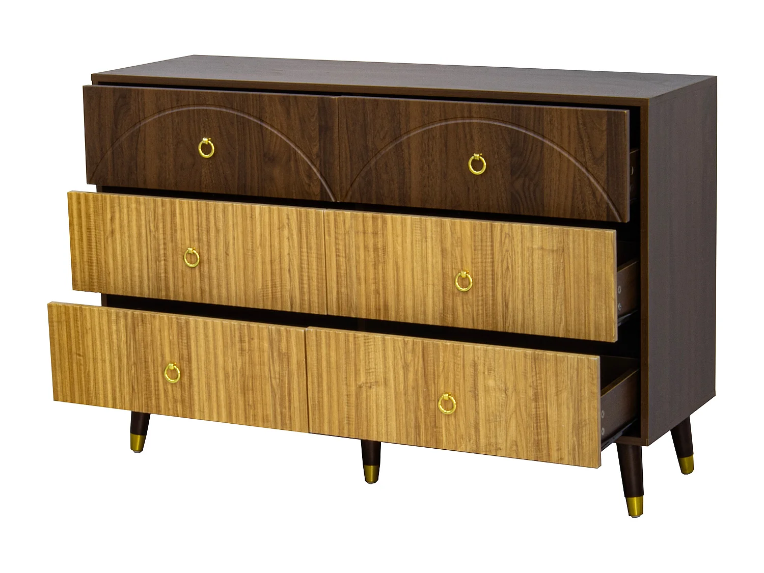 Buffet moderne 120x40x81 cm - 6 tiroirs - Pieds en bois massif - Finition bicolore veinée - MDF - Naturel