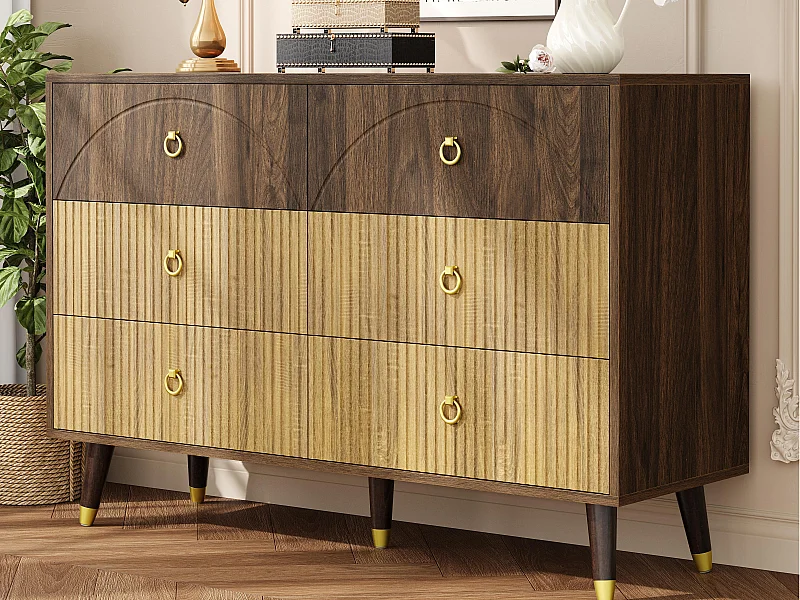 Buffet moderne 120x40x81 cm - 6 tiroirs - Pieds en bois massif - Finition bicolore veinée - MDF - Naturel