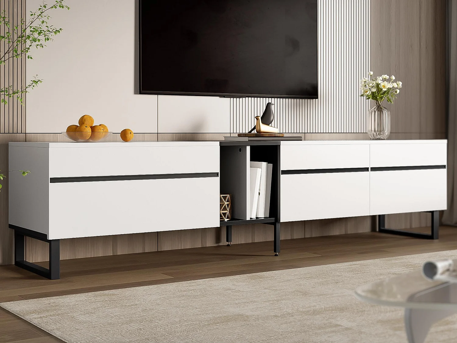 Móvel de TV moderno 180x38x45 cm - 3 portas - com prateleiras abertas - Branco