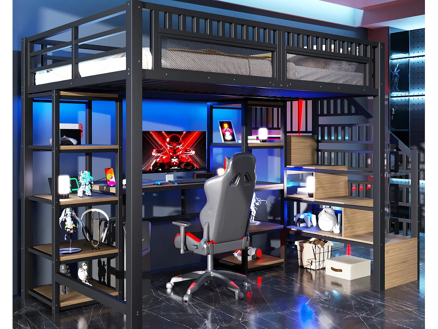 Hoogslaper 140x200 cm - Geïntegreerde opbergtrap - Ingebouwd bureau - LED-lichtstrip + USB-poort - Zwart (matras niet inbegrepen)