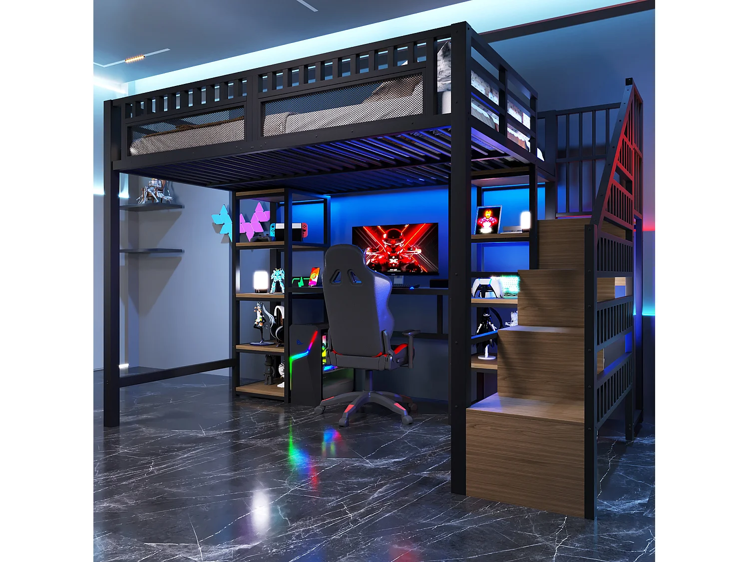 Hoogslaper 140x200 cm - Geïntegreerde opbergtrap - Ingebouwd bureau - LED-lichtstrip + USB-poort - Zwart (matras niet inbegrepen)