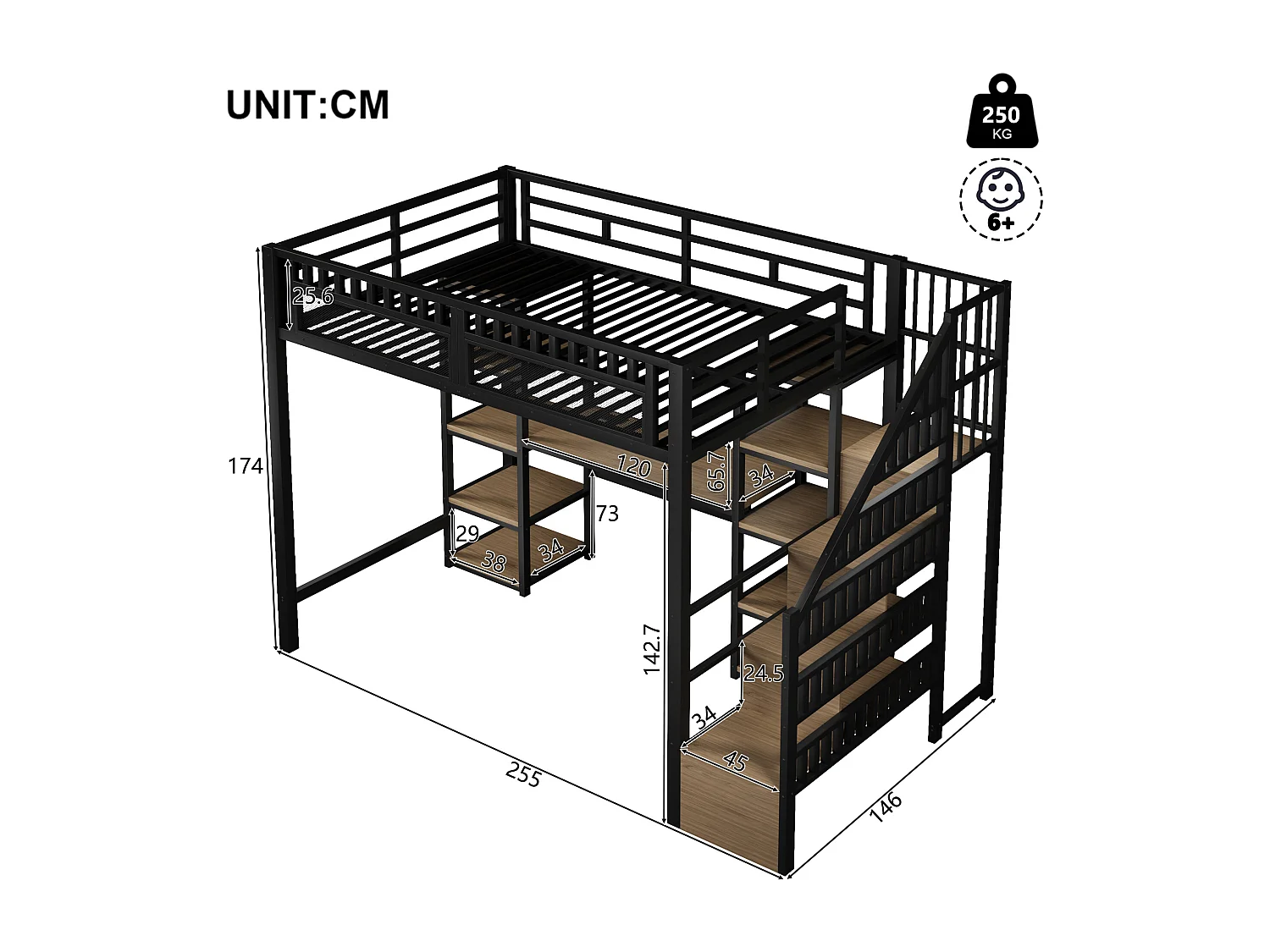 Hoogslaper 140x200 cm - Geïntegreerde opbergtrap - Ingebouwd bureau - LED-lichtstrip + USB-poort - Zwart (matras niet inbegrepen)