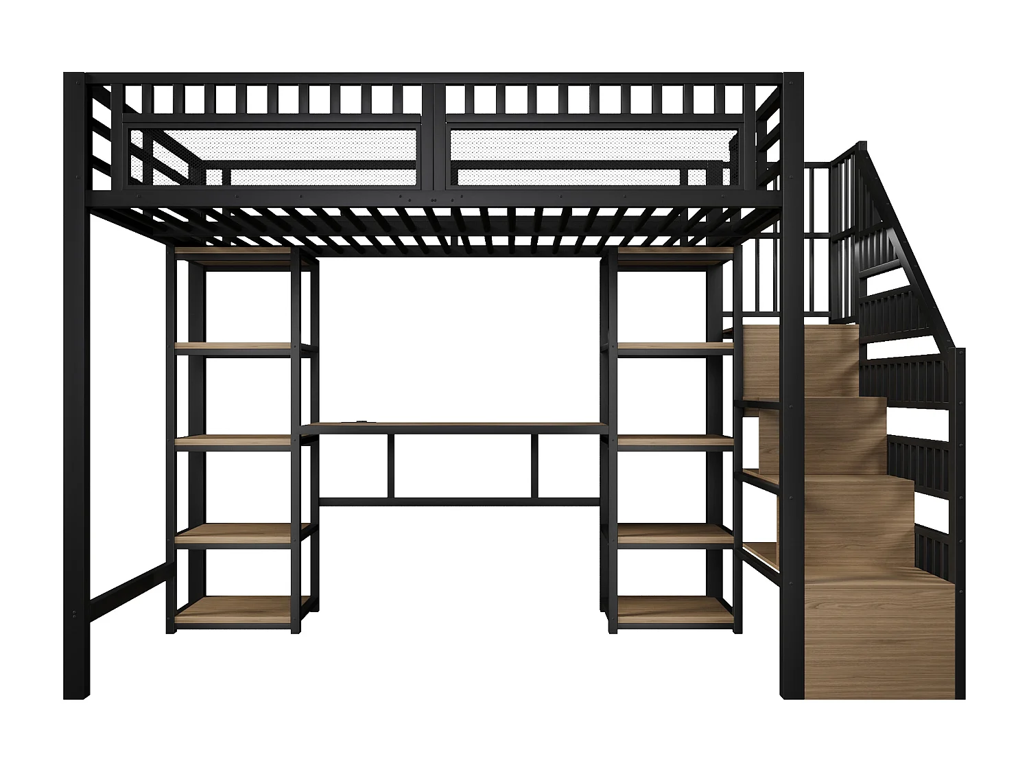 Hoogslaper 140x200 cm - Geïntegreerde opbergtrap - Ingebouwd bureau - LED-lichtstrip + USB-poort - Zwart (matras niet inbegrepen)