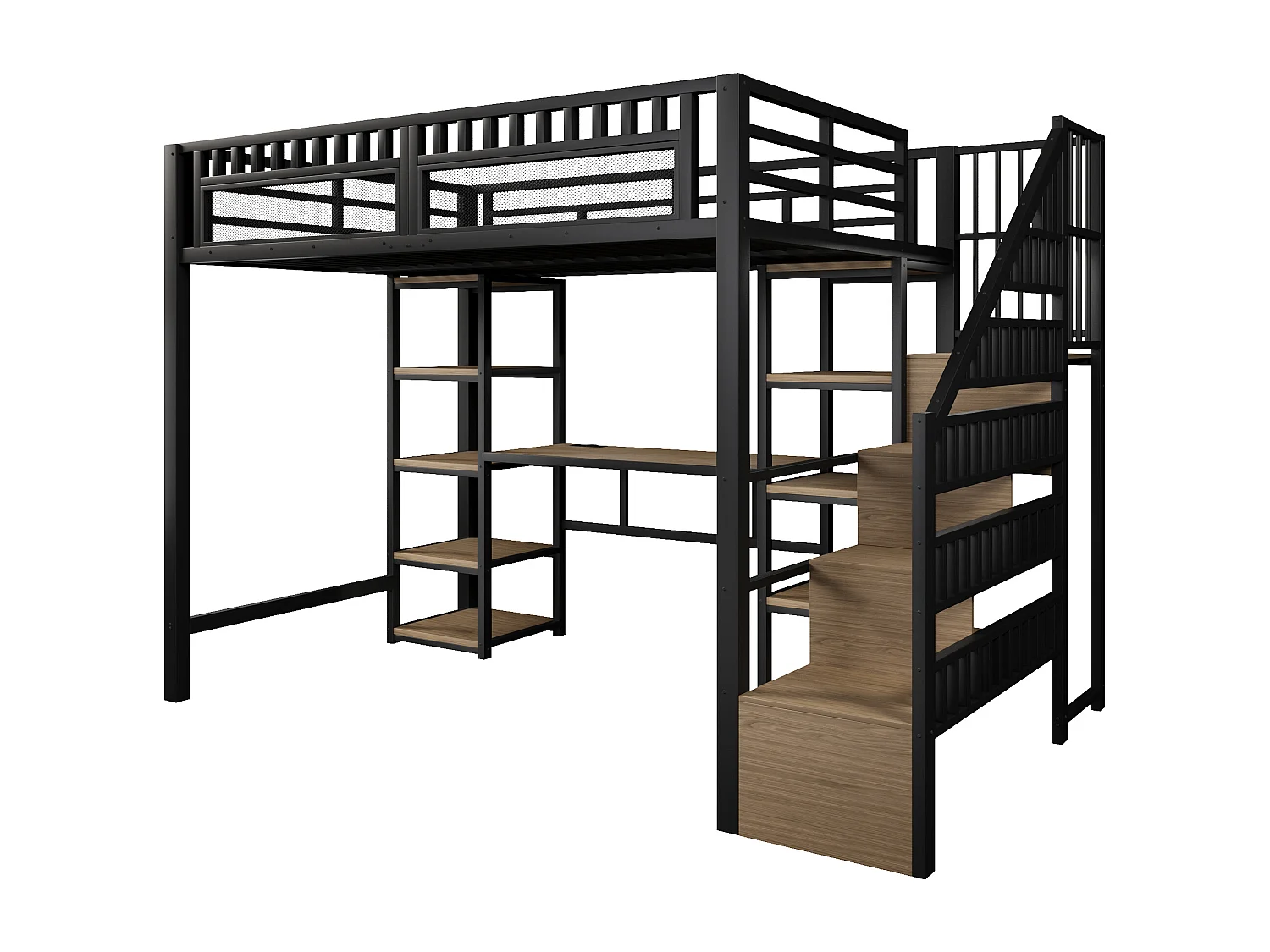 Hoogslaper 140x200 cm - Geïntegreerde opbergtrap - Ingebouwd bureau - LED-lichtstrip + USB-poort - Zwart (matras niet inbegrepen)