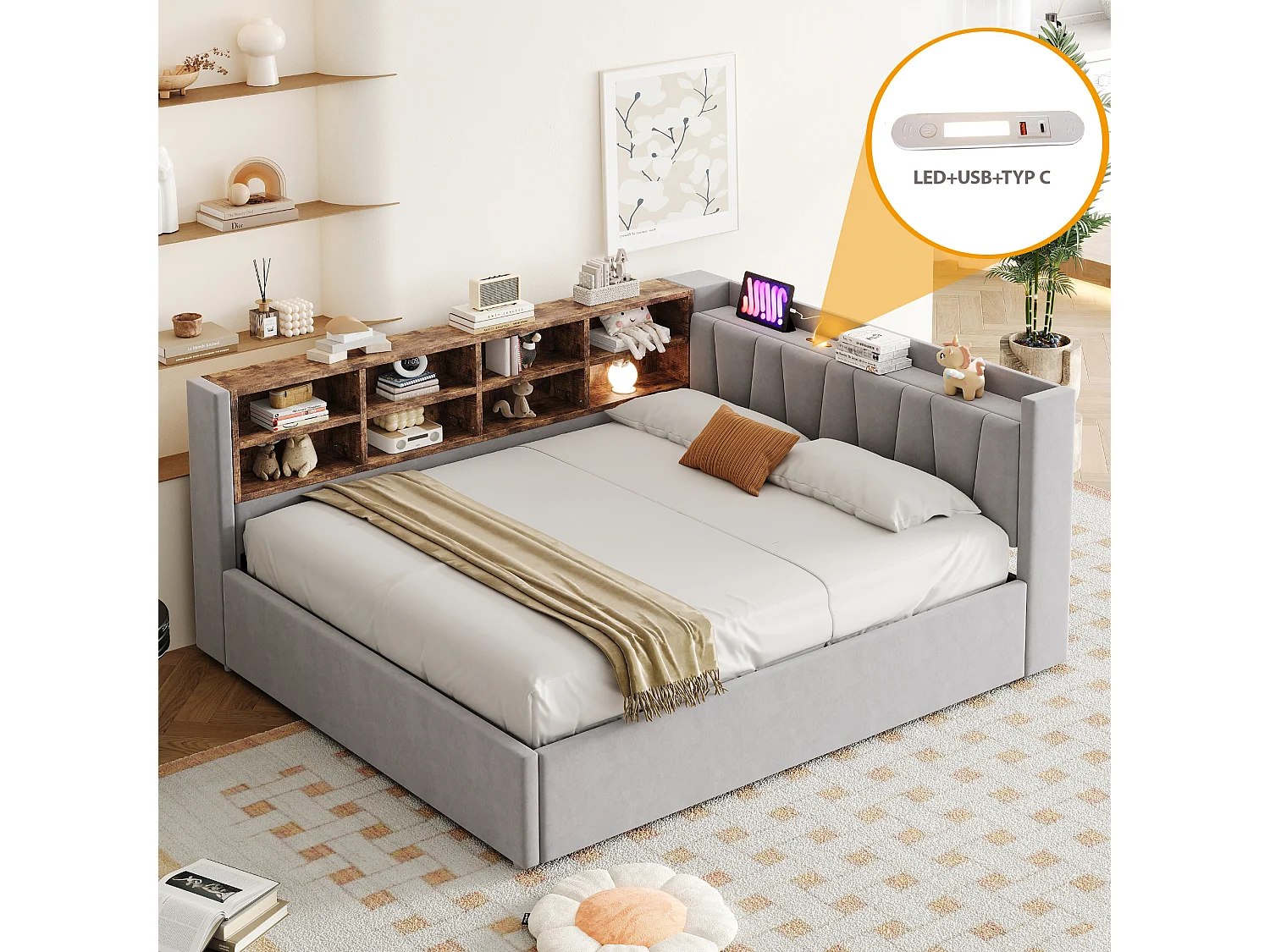 Divano letto imbottito 140x200cm - con illuminazione LED - con porte di ricarica USB + Type-C - grigio chiaro (materasso non incluso)