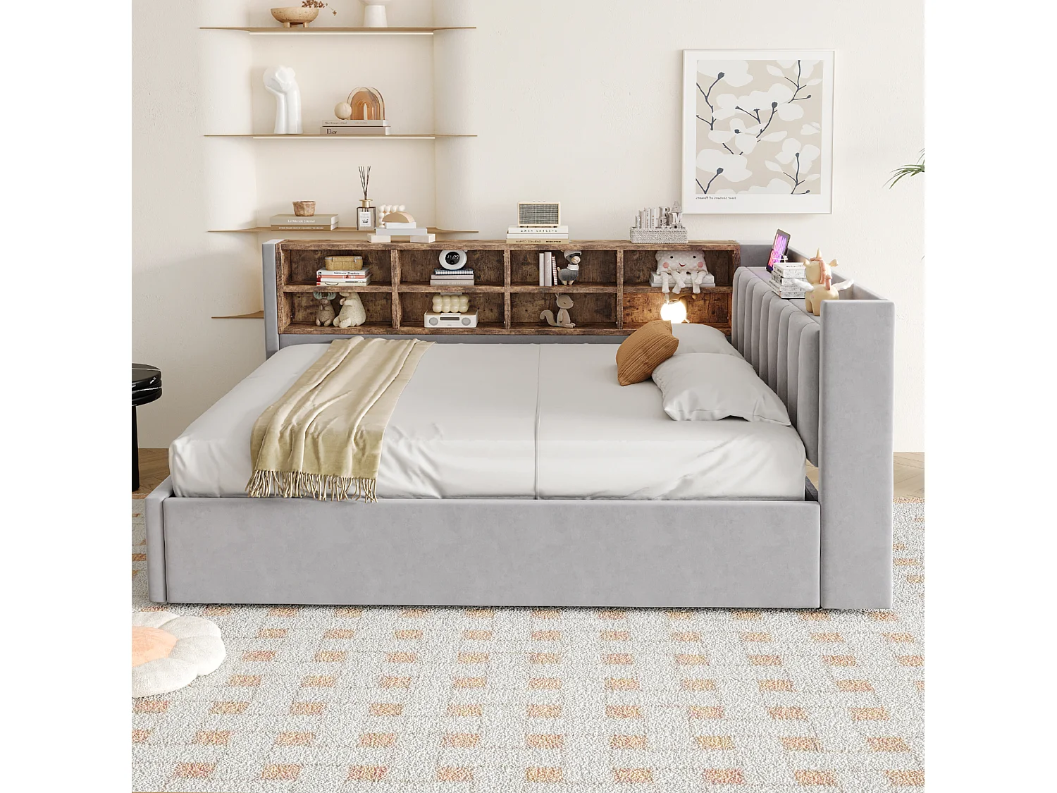 Divano letto imbottito 140x200cm - con illuminazione LED - con porte di ricarica USB + Type-C - grigio chiaro (materasso non incluso)