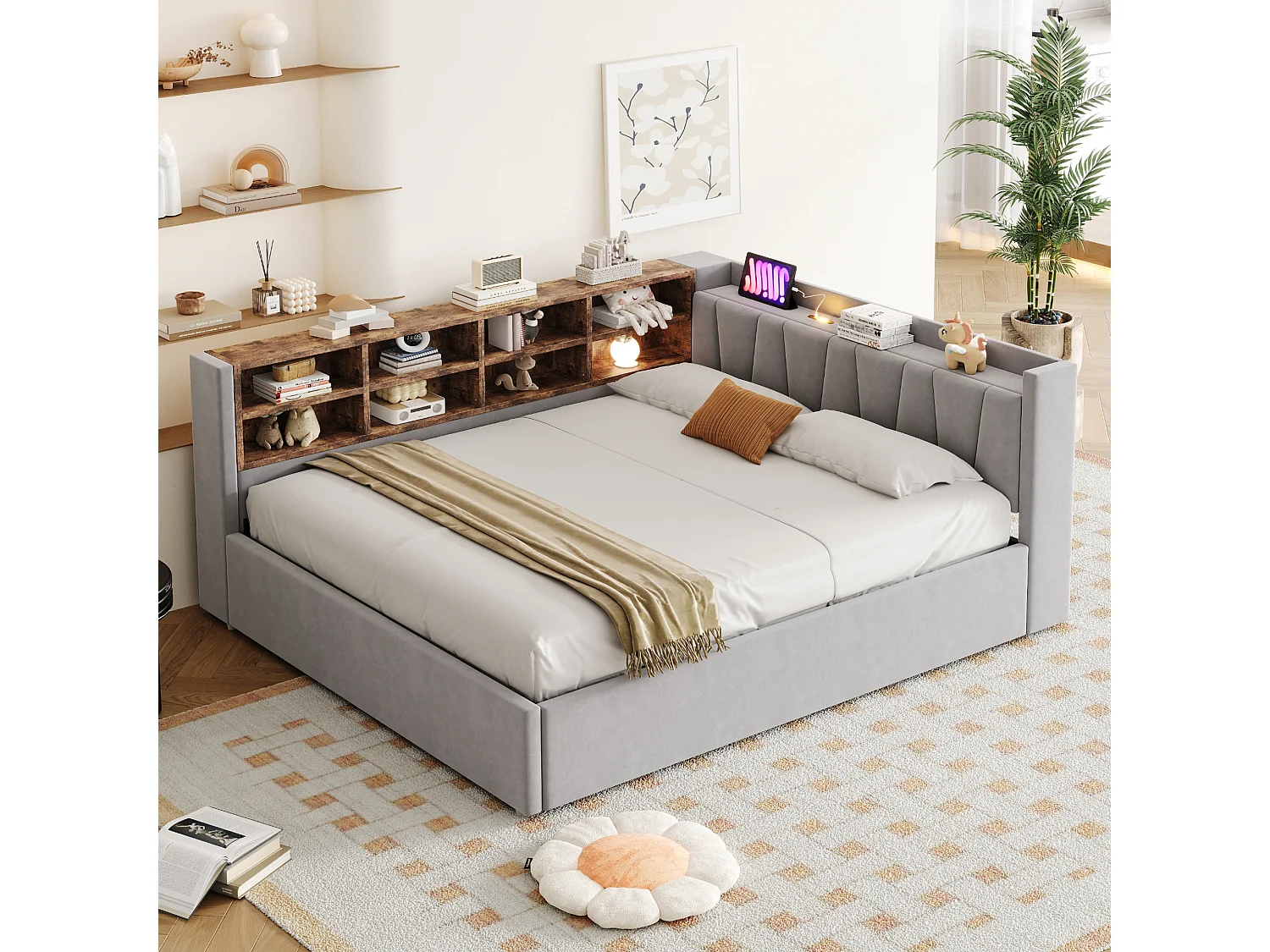 Divano letto imbottito 140x200cm - con illuminazione LED - con porte di ricarica USB + Type-C - grigio chiaro (materasso non incluso)