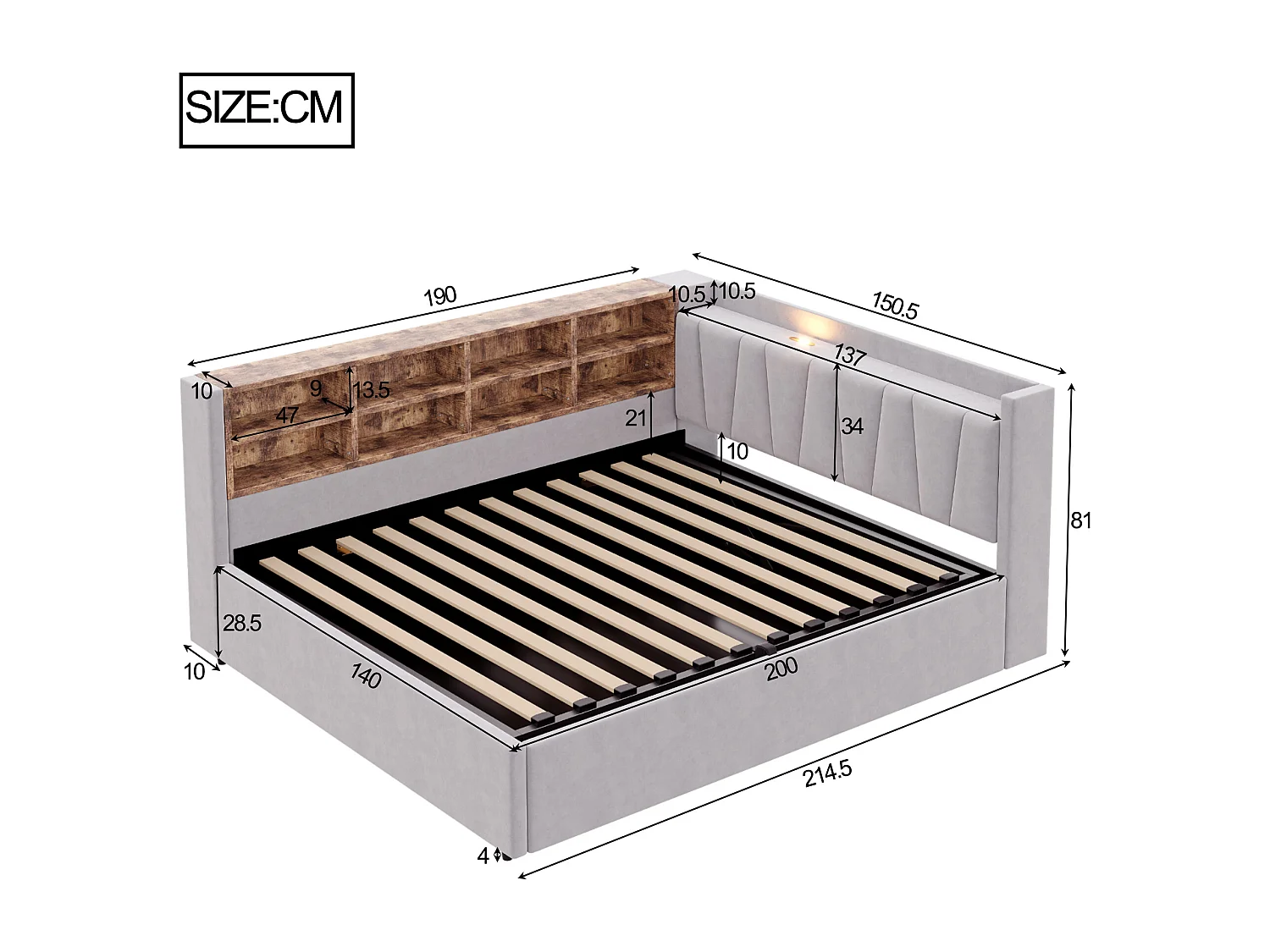 Divano letto imbottito 140x200cm - con illuminazione LED - con porte di ricarica USB + Type-C - grigio chiaro (materasso non incluso)