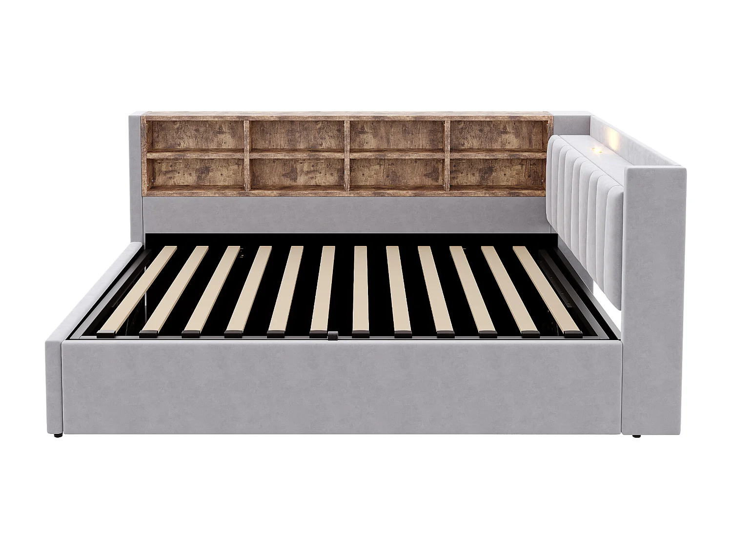 Divano letto imbottito 140x200cm - con illuminazione LED - con porte di ricarica USB + Type-C - grigio chiaro (materasso non incluso)