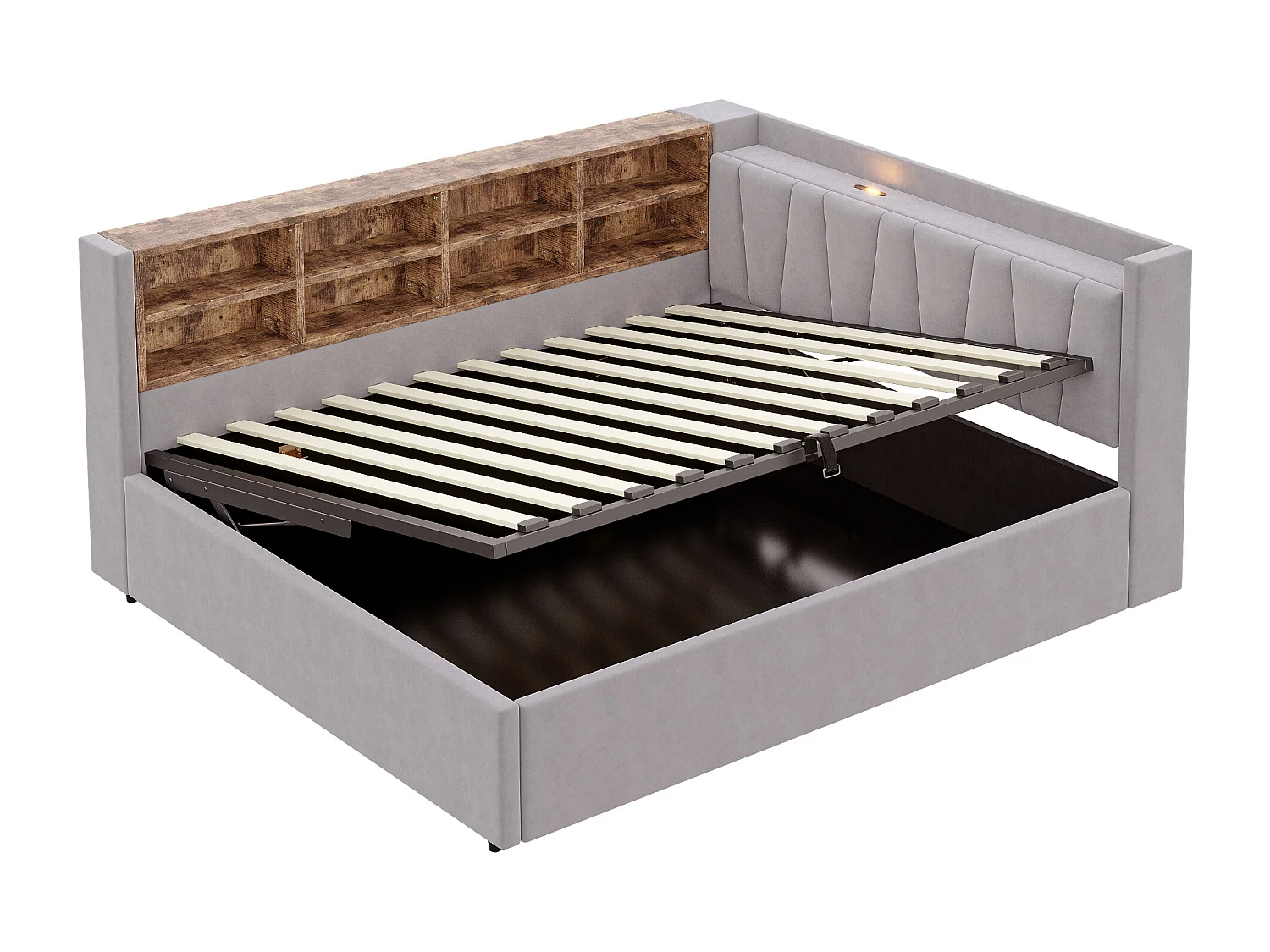 Divano letto imbottito 140x200cm - con illuminazione LED - con porte di ricarica USB + Type-C - grigio chiaro (materasso non incluso)