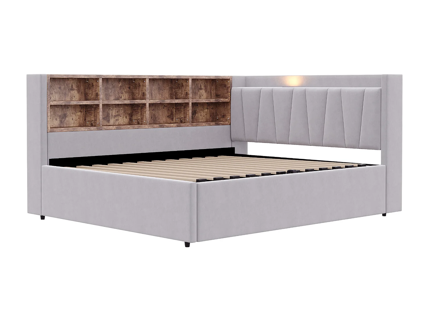 Divano letto imbottito 140x200cm - con illuminazione LED - con porte di ricarica USB + Type-C - grigio chiaro (materasso non incluso)