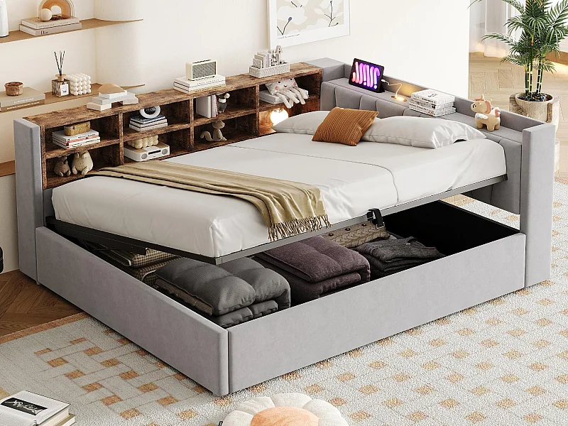 Divano letto imbottito 140x200cm - con illuminazione LED - con porte di ricarica USB + Type-C - grigio chiaro (materasso non incluso)