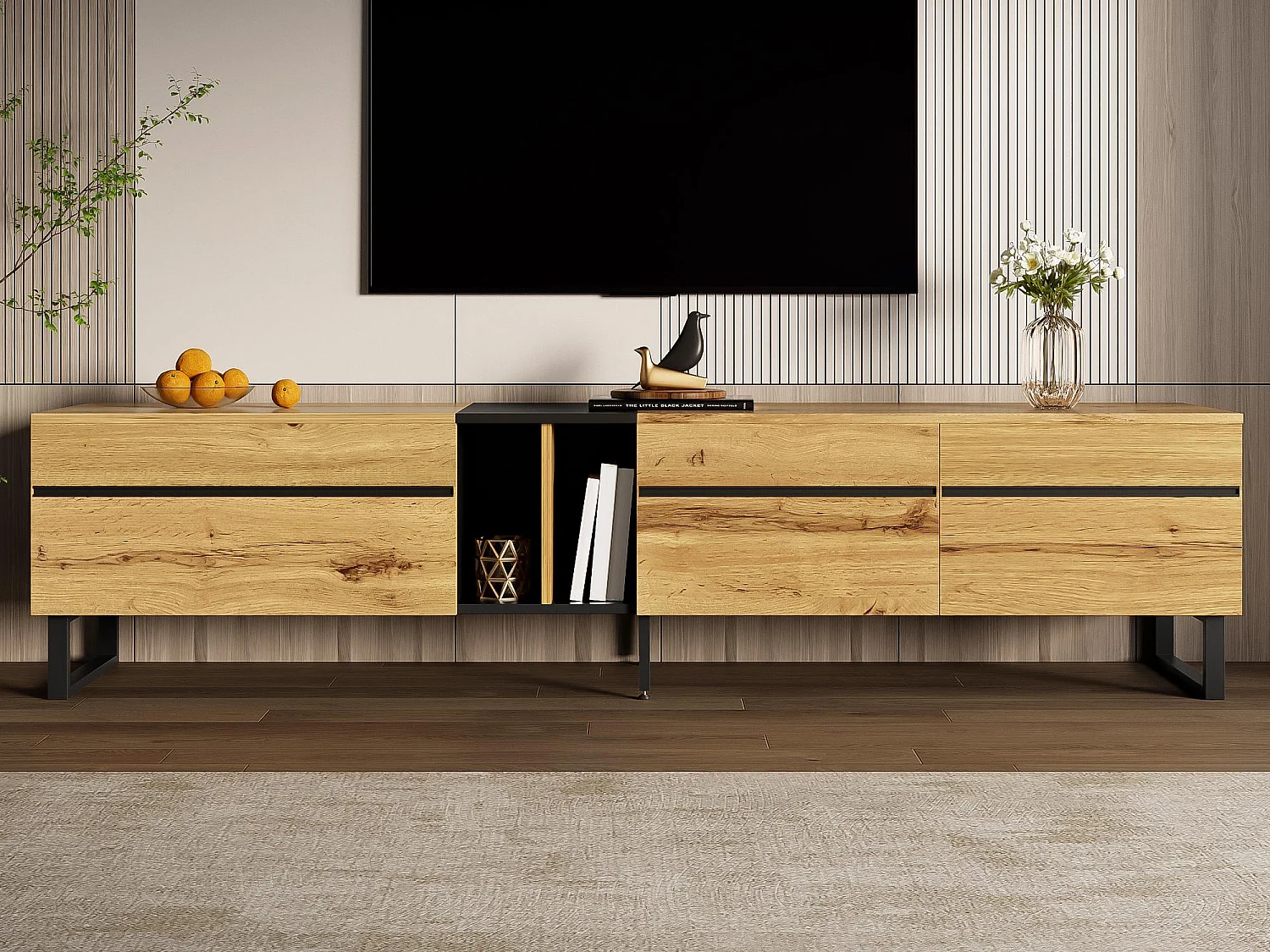 Móvel de TV moderno 180x38x45 cm - 3 portas - com prateleiras abertas - Natural