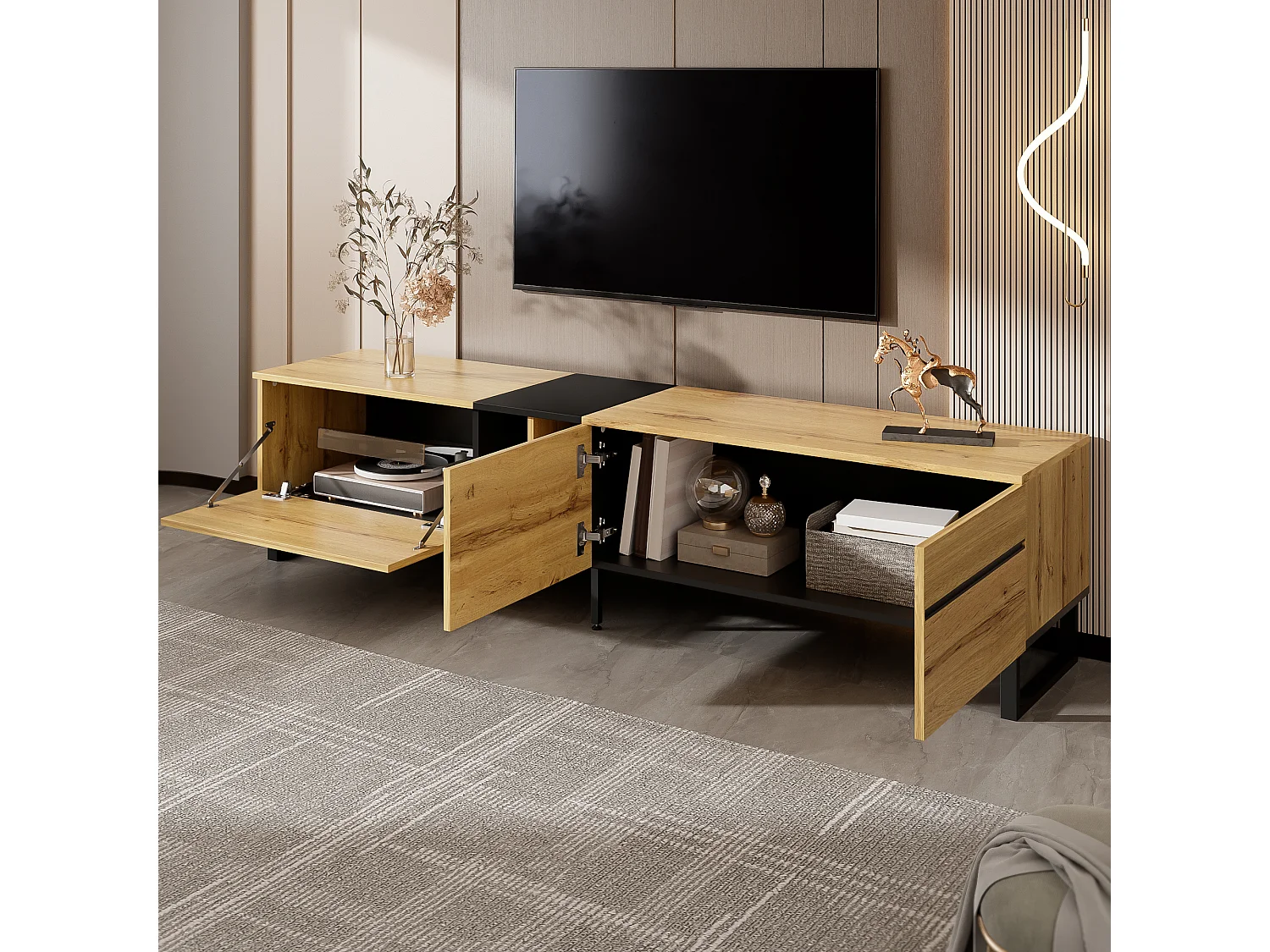 Móvel de TV moderno 180x38x45 cm - 3 portas - com prateleiras abertas - Natural