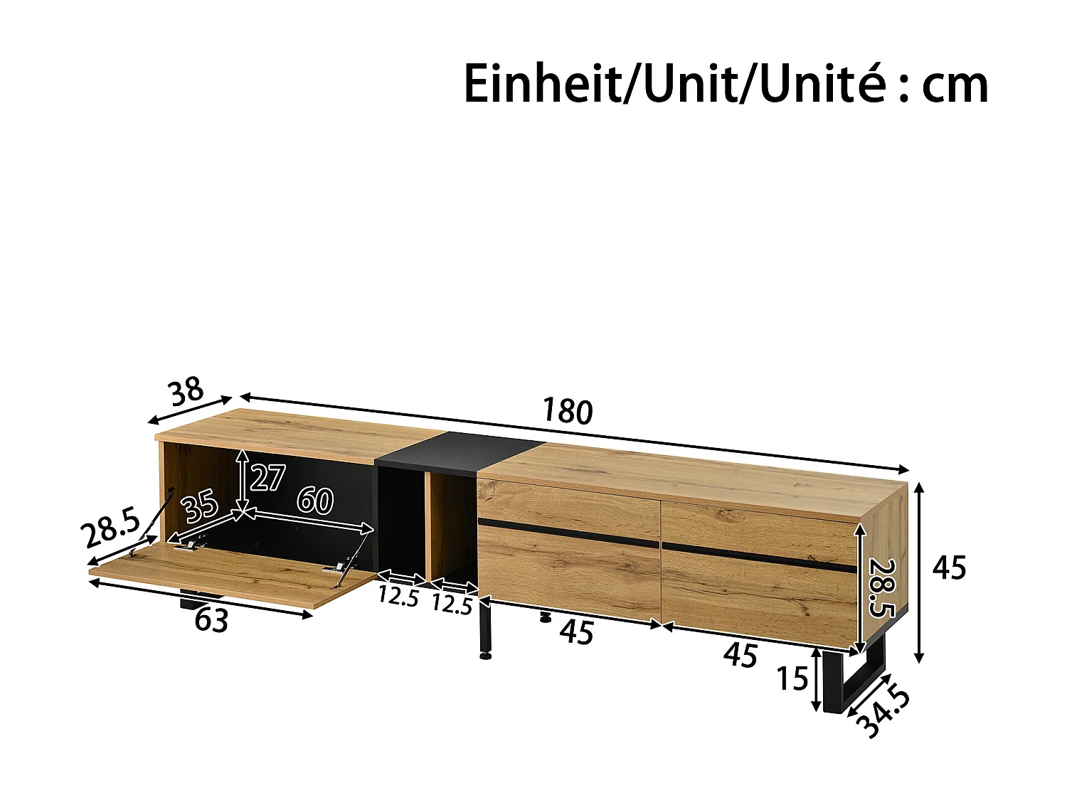 Móvel de TV moderno 180x38x45 cm - 3 portas - com prateleiras abertas - Natural