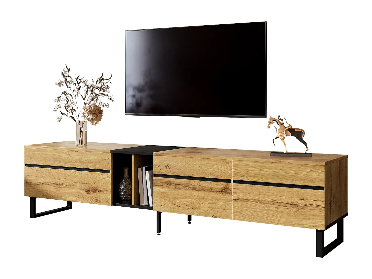 Móvel de TV moderno 180x38x45 cm - 3 portas - com prateleiras abertas - Natural