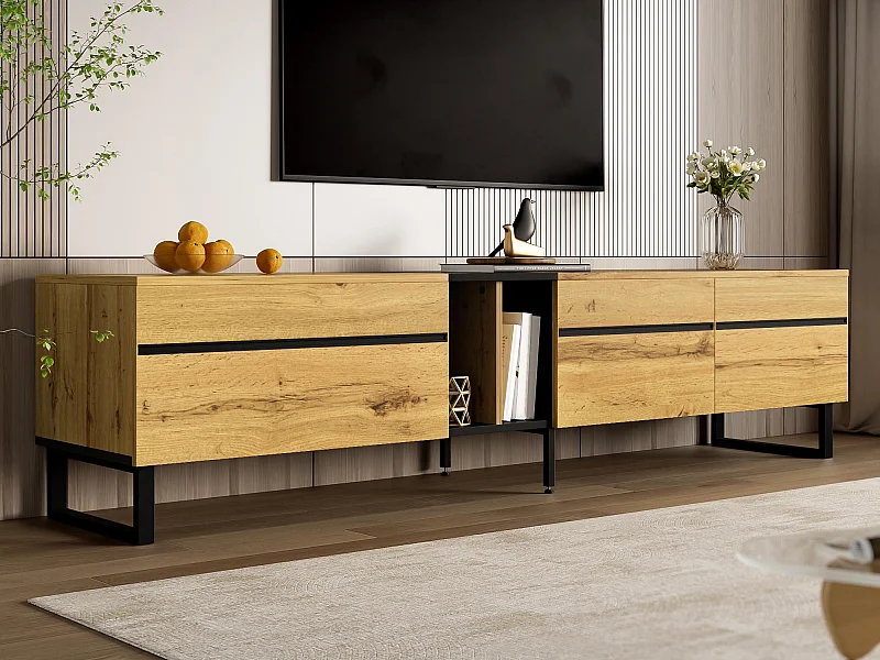 Móvel de TV moderno 180x38x45 cm - 3 portas - com prateleiras abertas - Natural