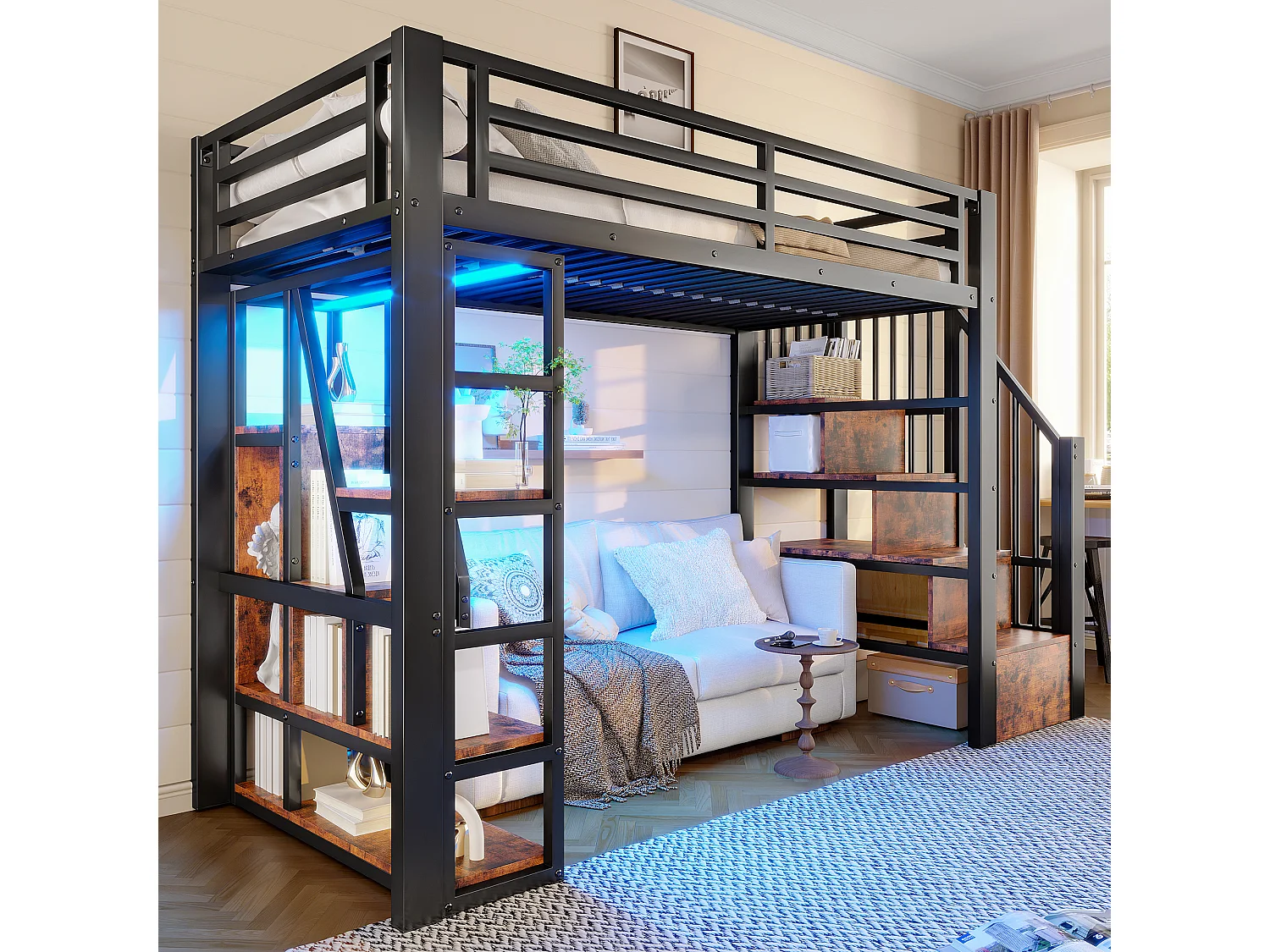 Cama mezanino em ferro forjado 90x200 cm - Compartimentos de armazenamento - Grades de segurança + escada - iluminação LED - Preto (colchão não incluído)