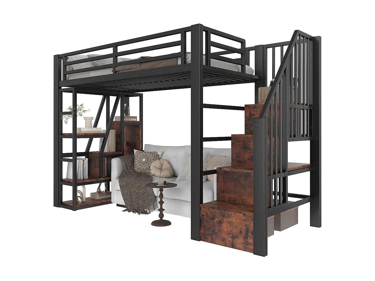 Cama mezanino em ferro forjado 90x200 cm - Compartimentos de armazenamento - Grades de segurança + escada - iluminação LED - Preto (colchão não incluído)