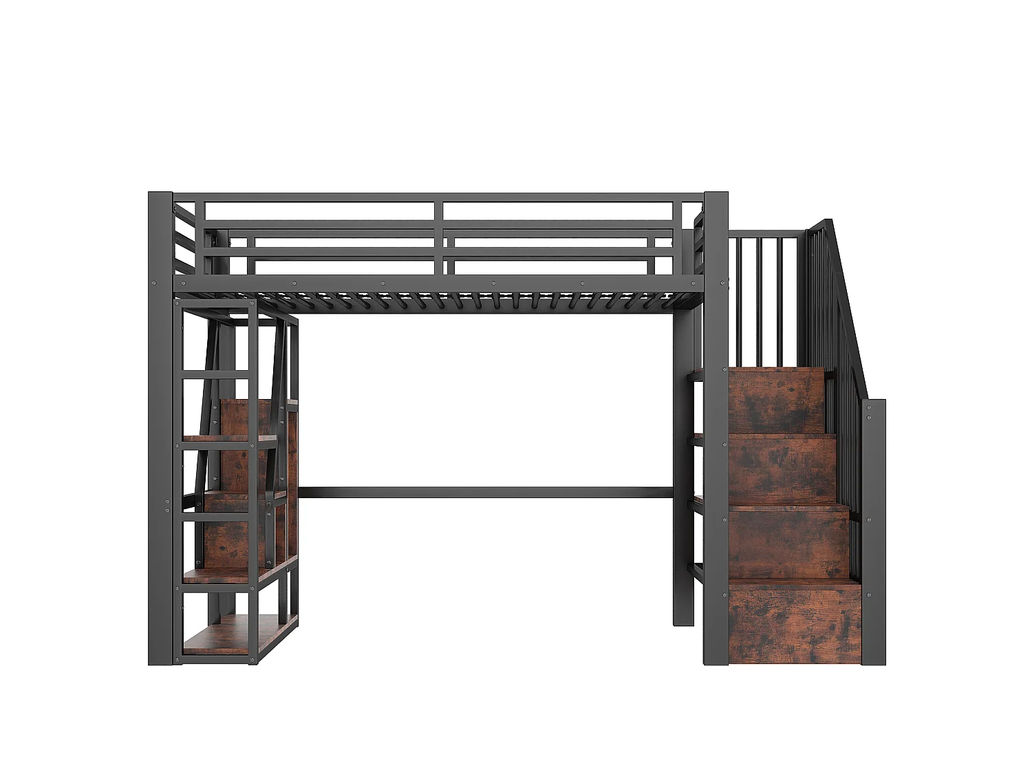 Cama mezanino em ferro forjado 90x200 cm - Compartimentos de armazenamento - Grades de segurança + escada - iluminação LED - Preto (colchão não incluído)