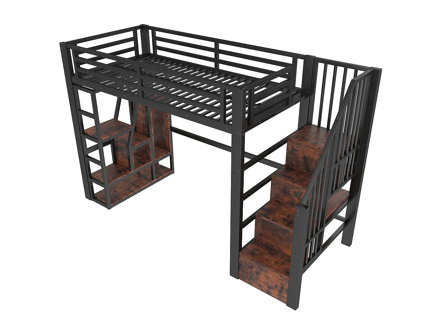 Cama mezanino em ferro forjado 90x200 cm - Compartimentos de armazenamento - Grades de segurança + escada - iluminação LED - Preto (colchão não incluído)