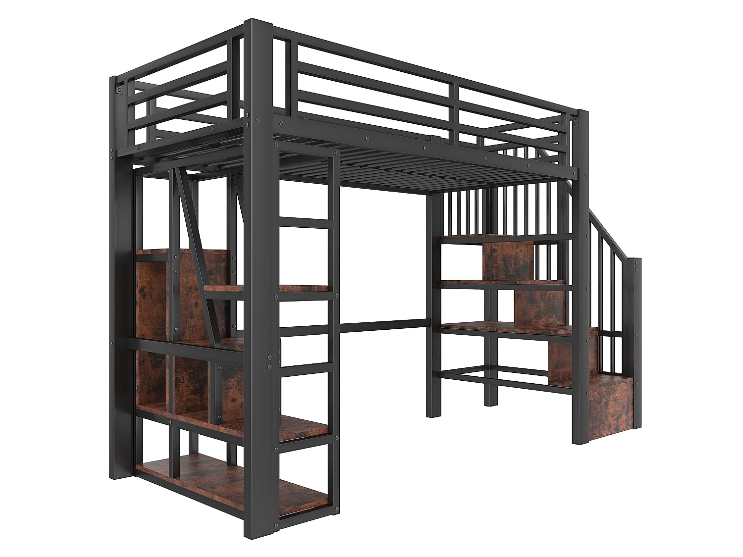 Cama mezanino em ferro forjado 90x200 cm - Compartimentos de armazenamento - Grades de segurança + escada - iluminação LED - Preto (colchão não incluído)