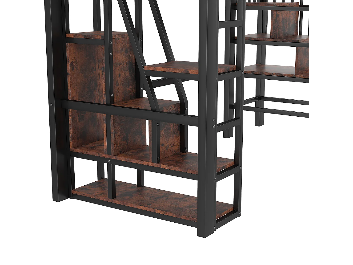 Cama mezanino em ferro forjado 90x200 cm - Compartimentos de armazenamento - Grades de segurança + escada - iluminação LED - Preto (colchão não incluído)