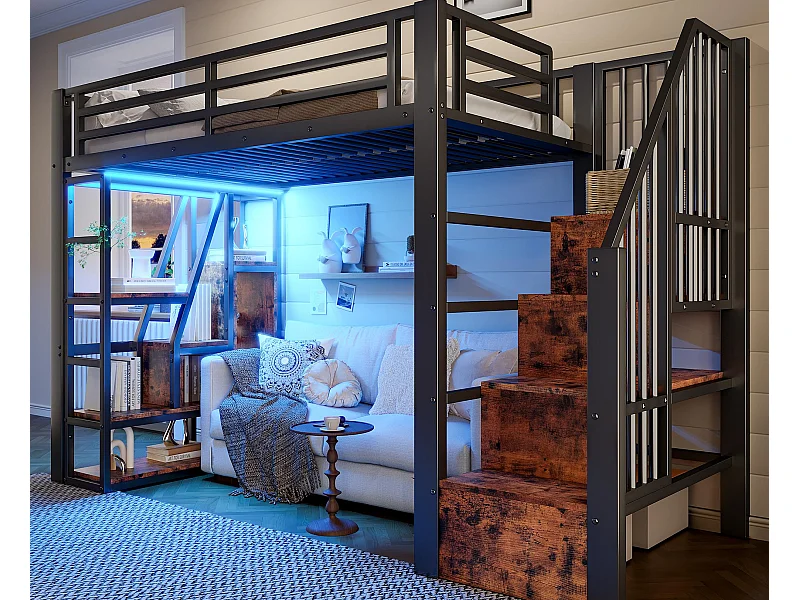 Cama mezanino em ferro forjado 90x200 cm - Compartimentos de armazenamento - Grades de segurança + escada - iluminação LED - Preto (colchão não incluído)
