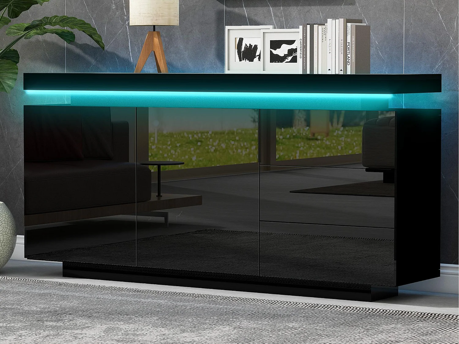 Buffet moderne 140x35x72,5 cm - avec éclairage LED - 2 portes et 3 tiroirs - Finition laquée brillante - Noir