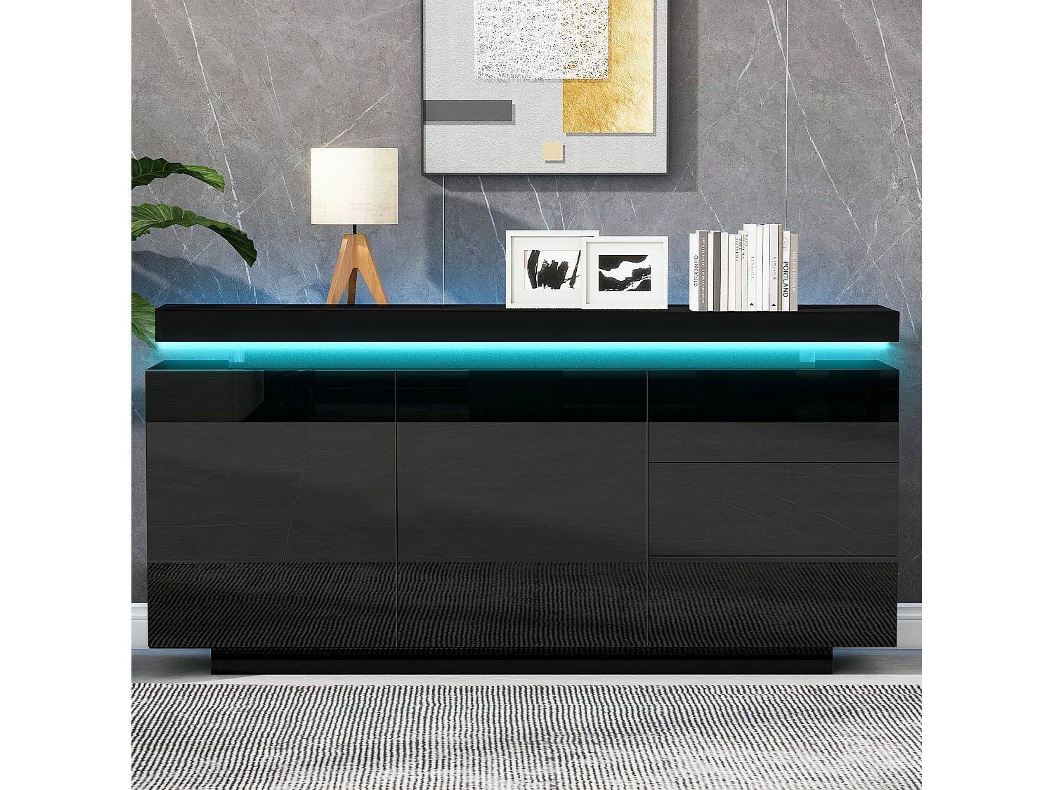 Buffet moderne 140x35x72,5 cm - avec éclairage LED - 2 portes et 3 tiroirs - Finition laquée brillante - Noir