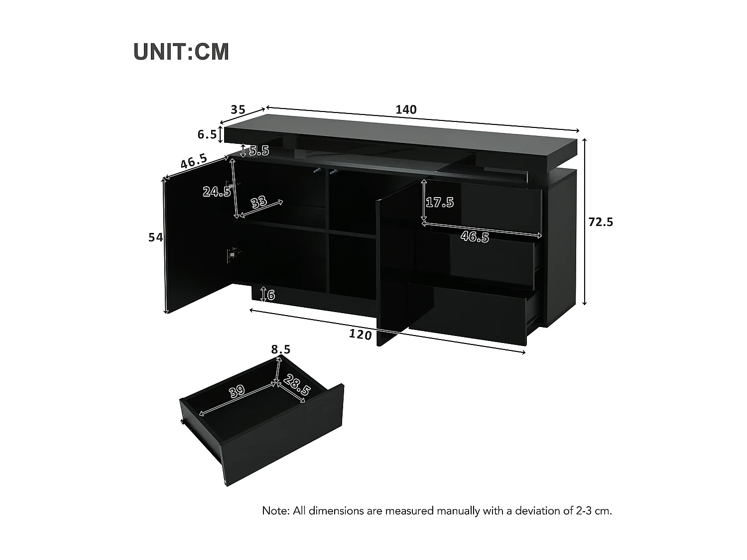 Buffet moderne 140x35x72,5 cm - avec éclairage LED - 2 portes et 3 tiroirs - Finition laquée brillante - Noir