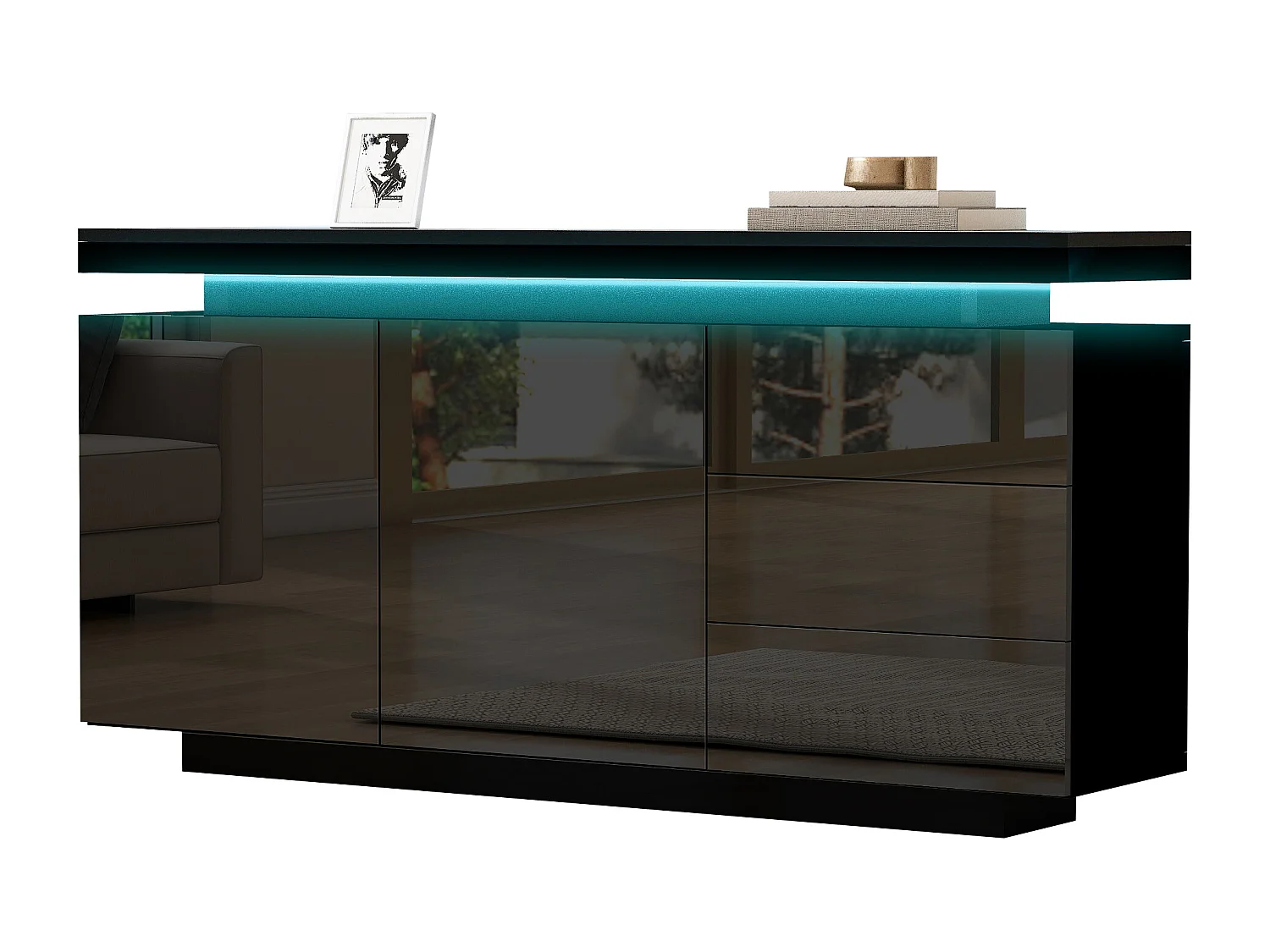 Buffet moderne 140x35x72,5 cm - avec éclairage LED - 2 portes et 3 tiroirs - Finition laquée brillante - Noir