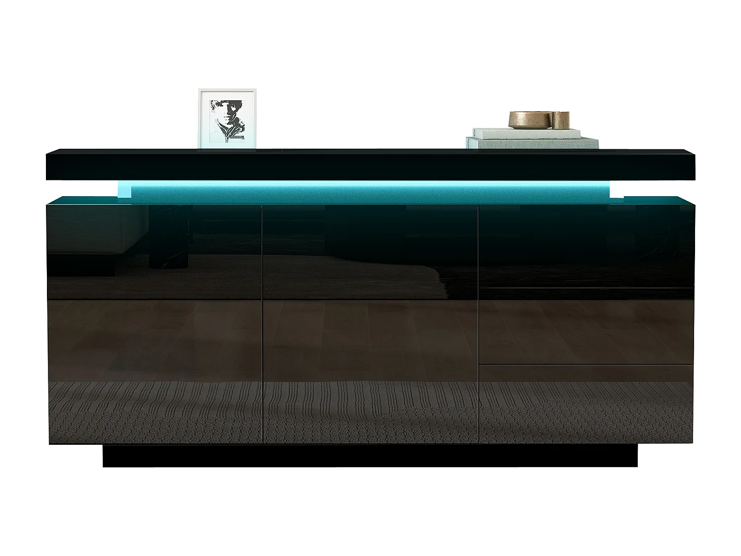 Buffet moderne 140x35x72,5 cm - avec éclairage LED - 2 portes et 3 tiroirs - Finition laquée brillante - Noir