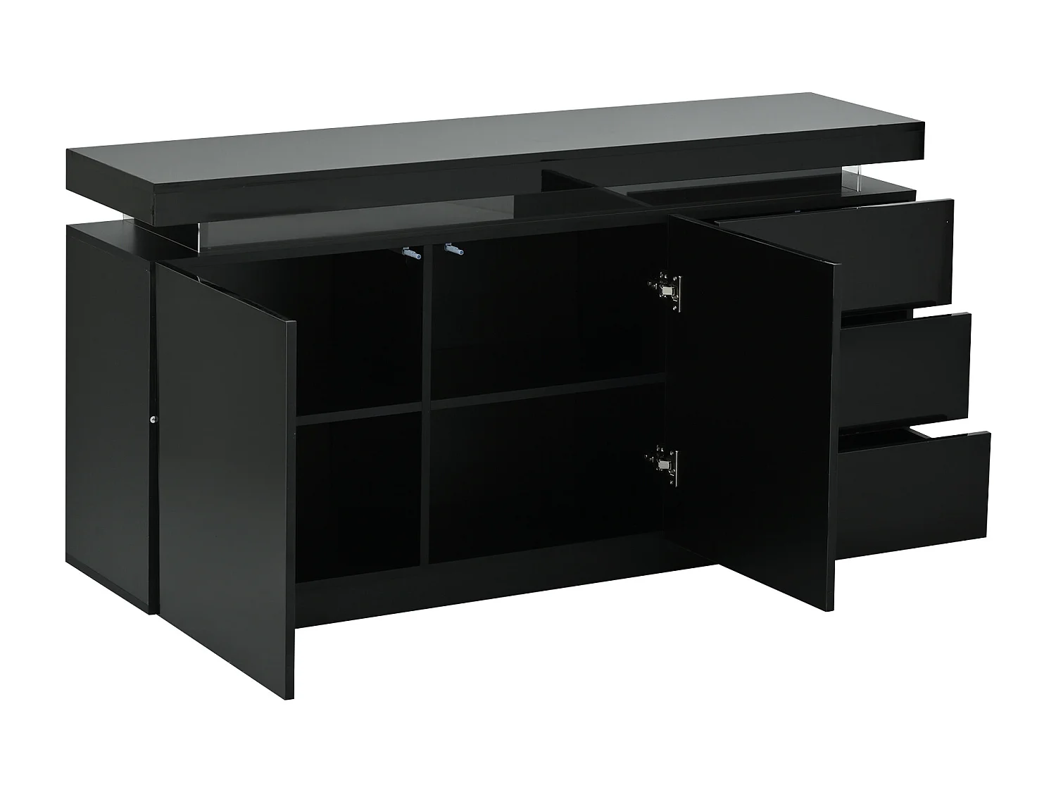 Buffet moderne 140x35x72,5 cm - avec éclairage LED - 2 portes et 3 tiroirs - Finition laquée brillante - Noir