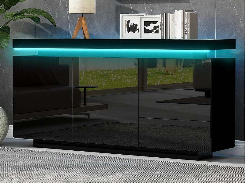 Buffet moderne 140x35x72,5 cm - avec éclairage LED - 2 portes et 3 tiroirs - Finition laquée brillante - Noir