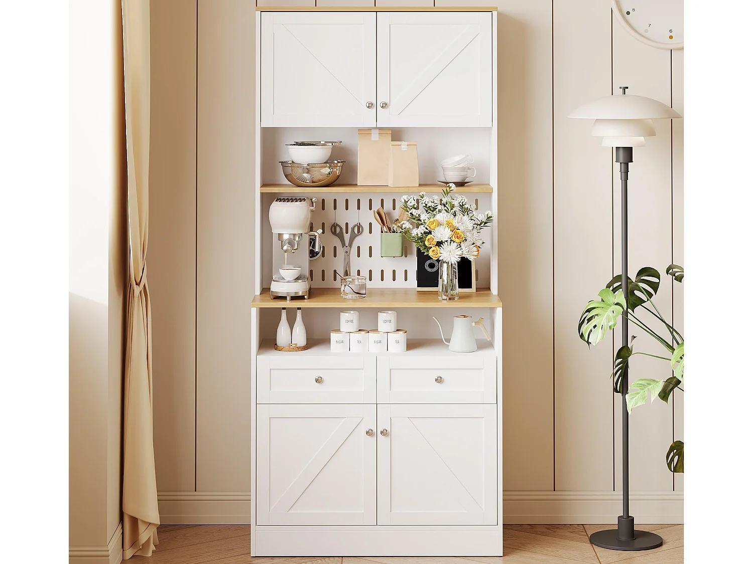 Modernes Küchenbuffet 80x40x175 cm - mit 2 Schubladen und 4 Türen - Weiß + Natur