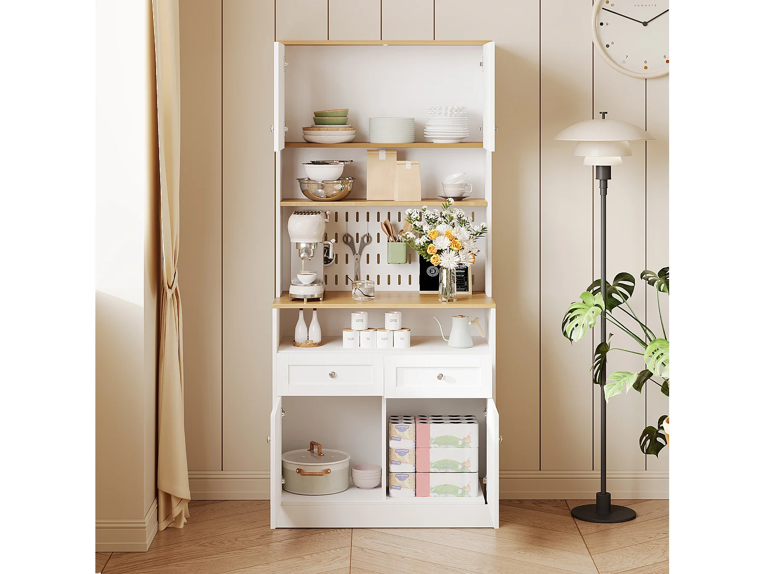 Modernes Küchenbuffet 80x40x175 cm - mit 2 Schubladen und 4 Türen - Weiß + Natur